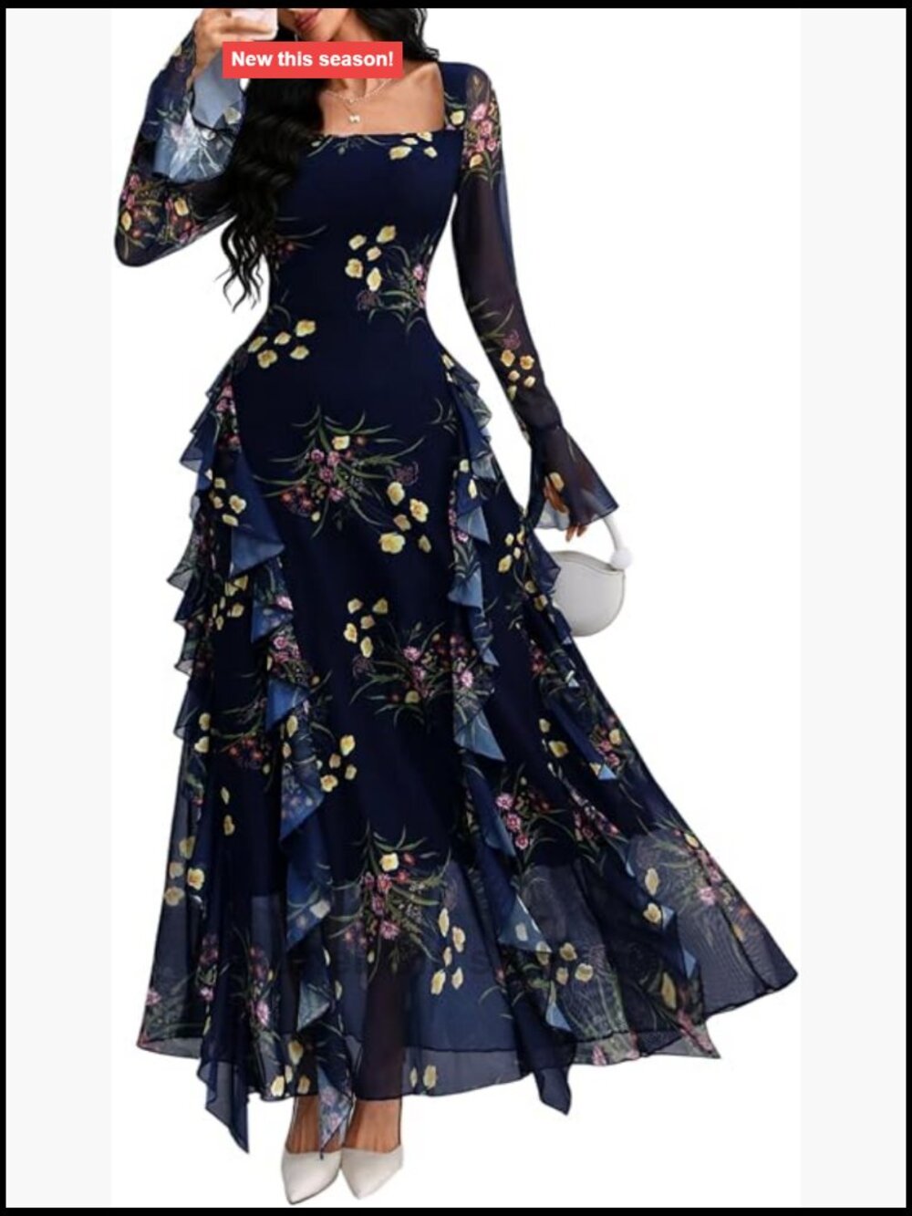 Women's Floral Maxi Dress Long Sleeve Square Neck Ruffle A-Line Party
